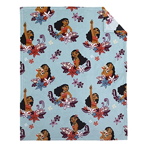 Image of Disney Moana Feel The Waves Aqua, Coral & Violet with Pua Pig & Tropical Flowers Super Soft Toddler Blanket, Aqua, Orange, Purple, White