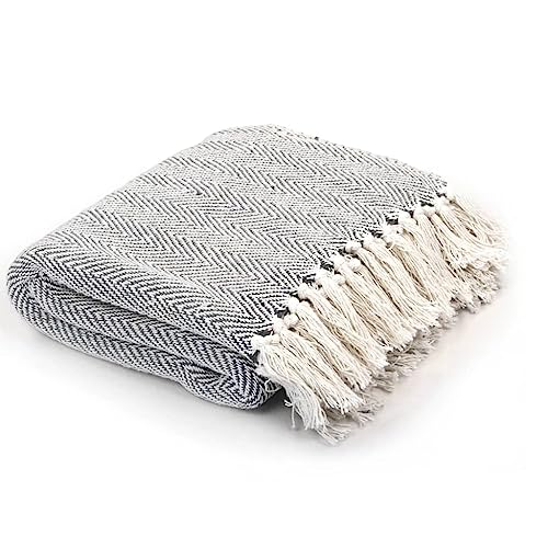 vidaXL Überwurf Baumwolle Fischgrätmuster 125x150cm Grau...