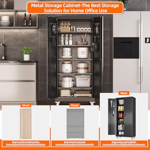 Image of SUXXAN 71 inch Metal Storage Cabinet with Wheels, Pegboard, Lock, 5 Shelves | Locking steel cabinet with wheels, two inside-door pegboards and 5 shelves for garage, workshop or office; assembly required.