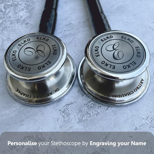 Image of ELKO TECHNO III SS Stainless Steel Stethoscope with ENGRAVING | Engrave Your Name or Initials on the Chest Piece | Lightweight Double-Sided Stainless Steel Chest piece | Two-Way PVC Tubing | Ideal for Doctors & Medical Students (Green)