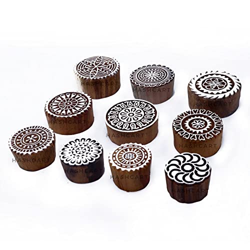 Image of Set of 10 | Handcarved Wooden Round Floral Design Stamps for Blocks Printing, Wooden Stamps for Project Designing, Scrapbooking Clay Pottery Craft Tattoo