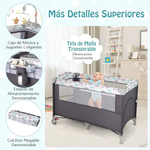 Miniatura 6 de Relax4life 5 En 1 Cuna Infantil Bebe Con 2 Ruedas Bloqueables, Cambiador, Correa Fijación, Caja De Música Y 3 Juguetes Colgantes, Cuna Con Colchón Y Bolsa De Transporte Para Bebés 0-36 Meses Gris