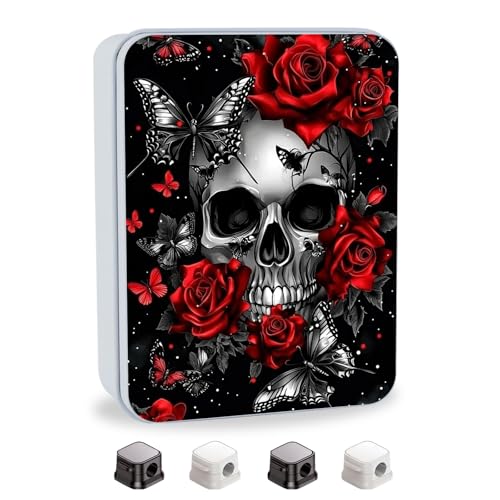 Image of Metal Tin Box with Lid,Multi-functional Storage Box Can Store Tea Biscuits Game Cards, Playing & Tarot Cards-Comes with 4 Magnetic Cord Clips,Skull Roses Butterfly