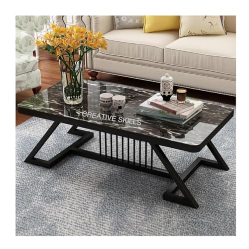 Image of Modern Rectangular Marble-Like Top Coffee Table with Metal Base for Living Room | Luxury Sofa Center & Tea Table for Home & Office | Easy DIY Assembly (90 x 48 x 48 cm) (Black)