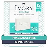 Ivory Sensitive Bar Soap, Designed for Whole Family, Fragrance Free, 99.44% Pure Formula, Plant-Based Cleanser, Made Without Heavy Perfume, Parabens, Phthalates, For All Skin Types, 3.17 oz (12 Count)