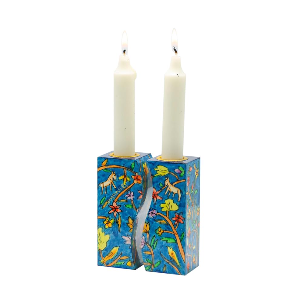 Yair Emanuel Shabbat Candle Holders Handpainted Birds and Flowers - Jewish Judaica Sababth Candle Holders