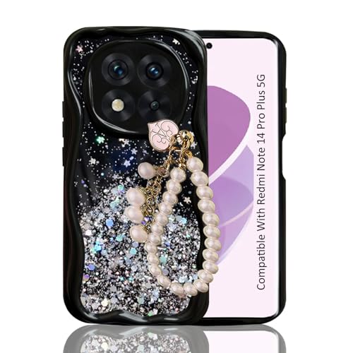 Image of KC Back Cover for Redmi Note 14 Pro Plus 5G - 3D New Curly Wave Dry Fixed Non Moving Starry Glitter Pearl Wrist Hanging Chain Shockproof Soft Silicone Camera Protection Case (Black)