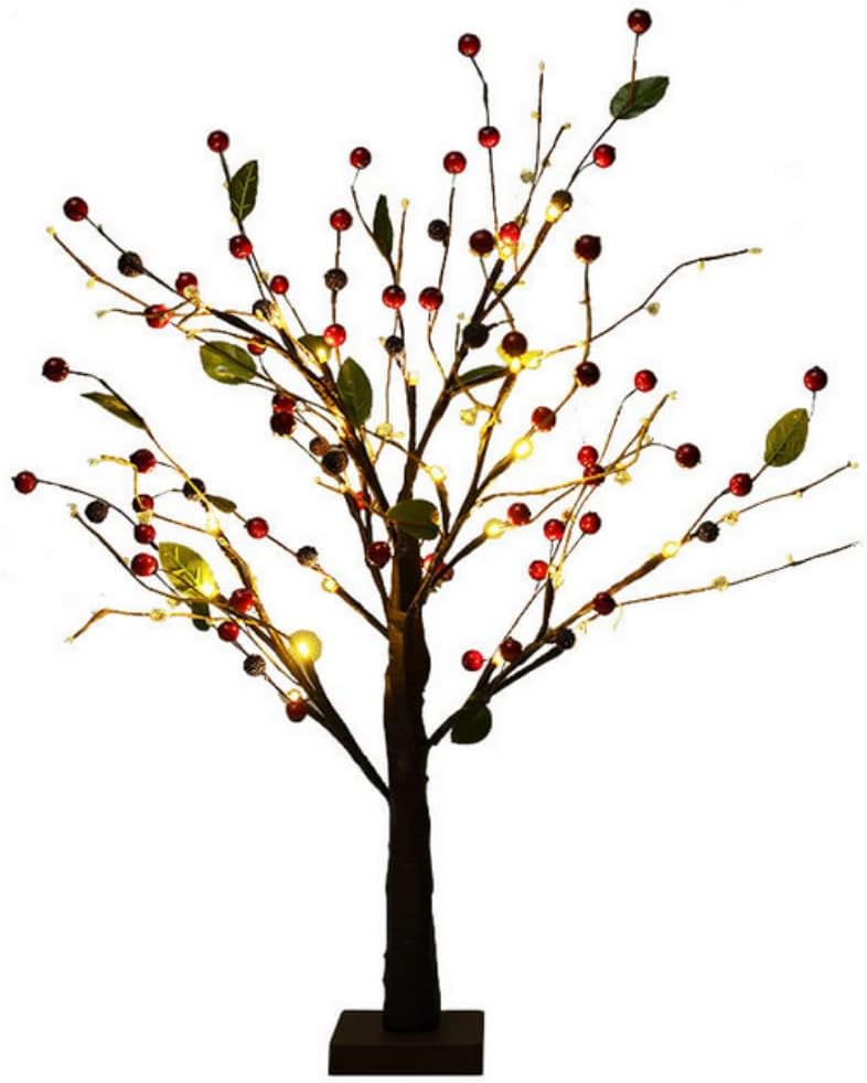 24 LEDs Red Glod Fruit Table Lamp Battery Operated Copper Wire Tree Branch Warm White (Red Fruit Tree Lamp)