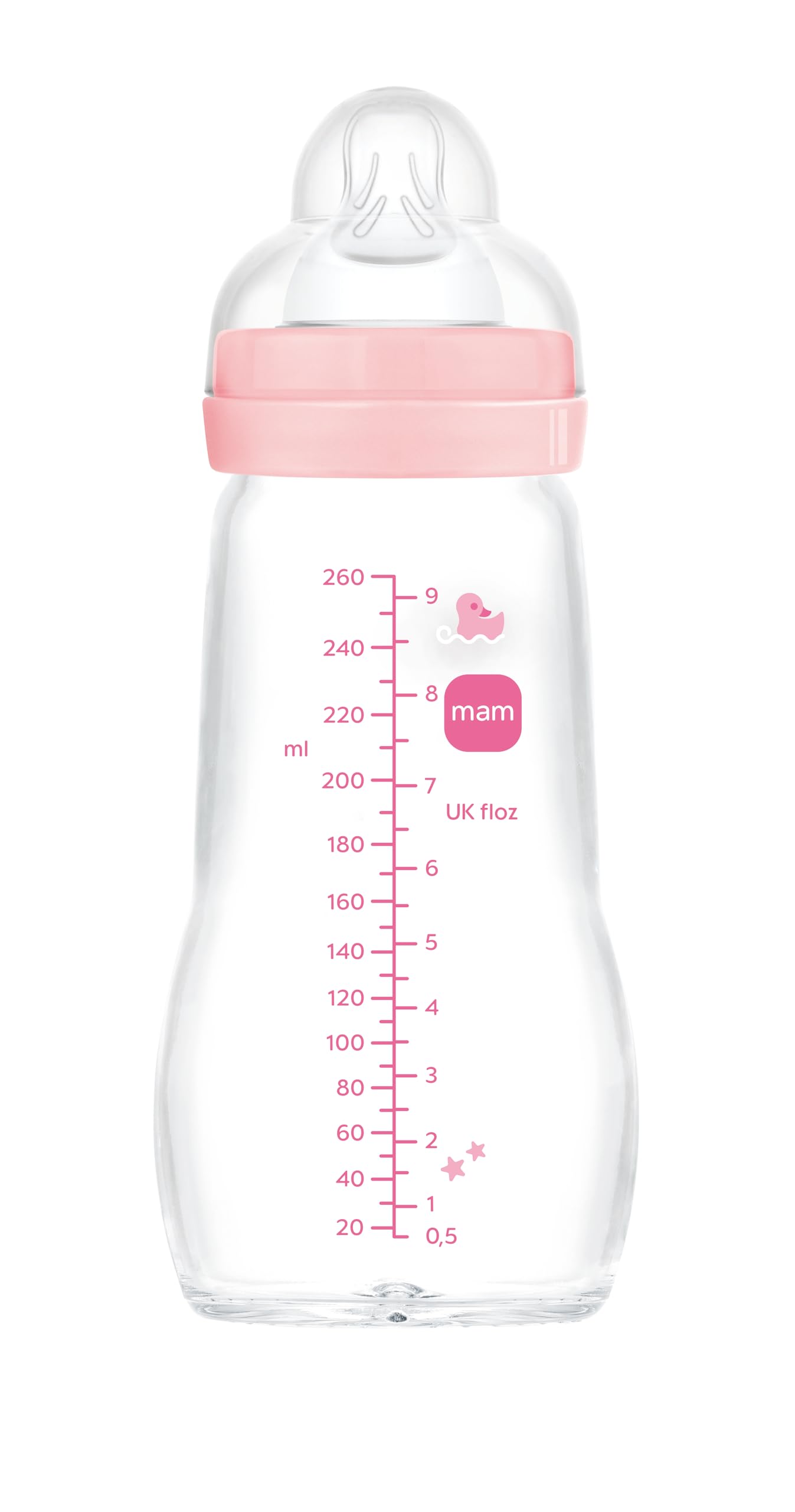 MAM Biberon in vetro 260 ml 2-4 mesi tettarella flusso medio silicone rosa