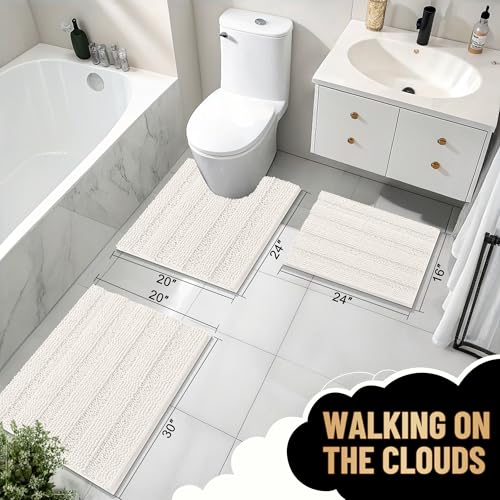 Image of OLANLY Thick Small Bathroom Rugs 24x16, Extra Soft Absorbent Chenille Striped Bath Rugs, Rubber Backing, Machine Wash, Bath Mats for Bathroom Floor, Tub and Shower, Home Decor Accessories, Ivory