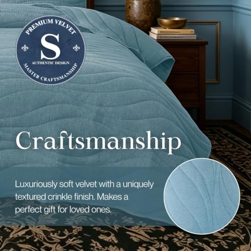 Image of DOWN HOME Crinkle Textured Velvet Quilt Set with Shams, All-Season Luxury Modern Bedding,Easy Care Comforter,Ultra-Soft,Lightweight & Breathable, Queen, Celestial Blue