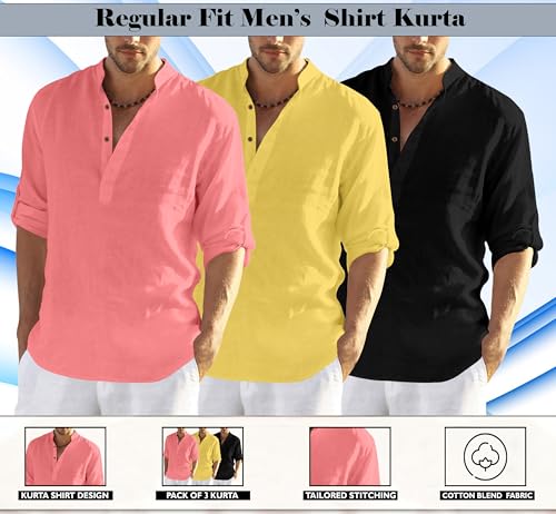 Image of Zombom Combo of Men's Solid Cotton Polyester Blend Full Sleeve Mandarin /Chinese Collor Straight Kurta Shirt (Pack of 3)