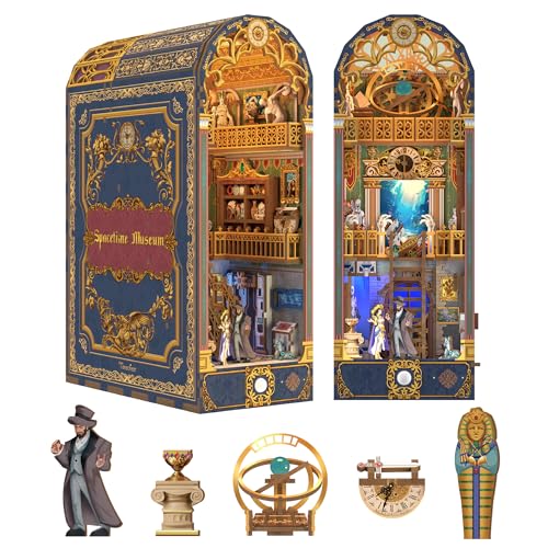 Image of Tonecheer DIY Book Nook Kit for Adults, 3D Wooden Puzzle Bookend Miniature House Kit, Booknook Bookshelf Insert Decor with Dust Cover and LED Lights Gifts (Spacetime Museum)