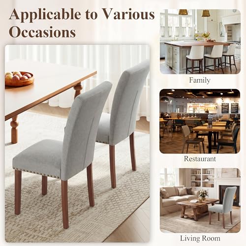 Image of Farmhouse Dining Chairs Set of 4, High Back with Wooden Legs and Nailhead Trim, Modern Fabric Dining Room Chair for Kitchen /Restaurant