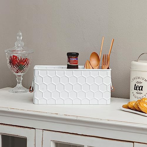 NIKKY-HOME-Farmhouse-Silverware-Organizer-with-3-Compartments-Cutlery-Caddy-Kitchen-Countertop-Flatware-Holder-for-Utensil-Spoons-Knives-Forks-White-Honeycomb-Embossed-Pattern NIKKY HOME Farmhouse Silverware Organizer with 3 Compartments Cutlery Caddy Kitchen Countertop Flatware Holder for Utensil Spoons Knives Forks White Honeycomb Embossed Pattern