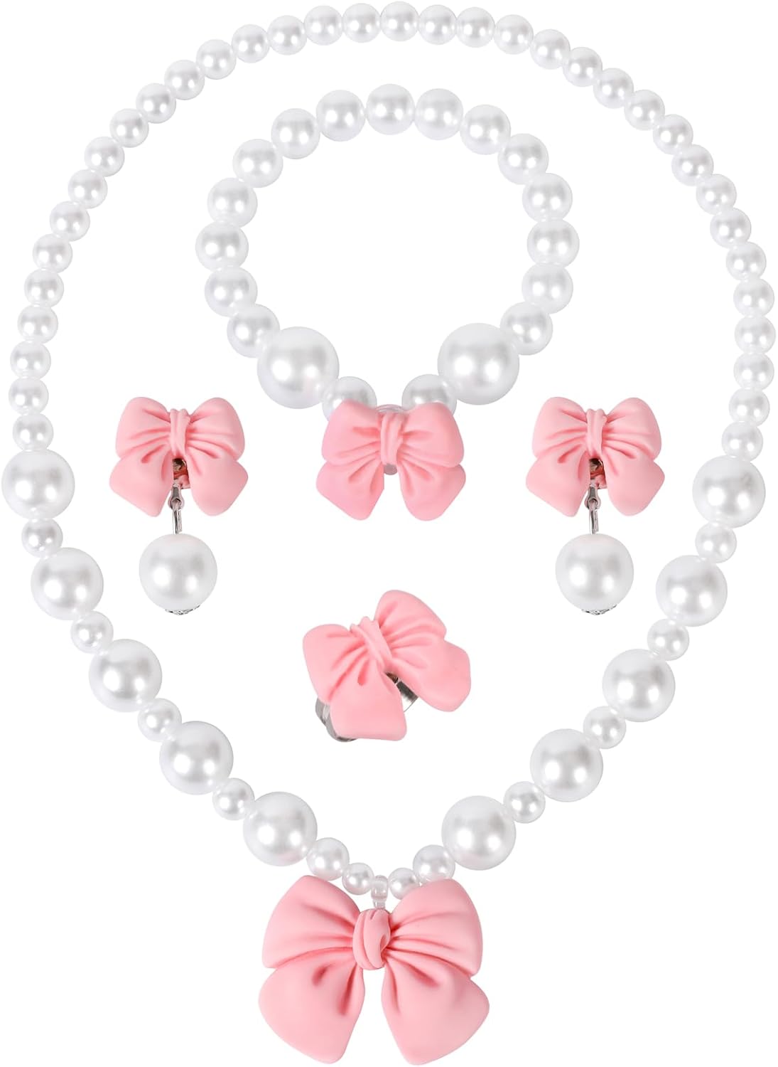 Princess Jewelry for Little Girls, Handmade Bow Pearl Kids Jewelry Set, Stretch Necklace Bracelets Rings and Clip on Earrings, Perfect for Dress Up, Birthday Parties, and Costume Play