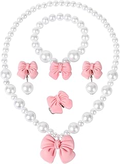 Princess Jewelry for Little Girls, Handmade Bow Pearl Kids Jewelry Set, Stretch Necklace Bracelets