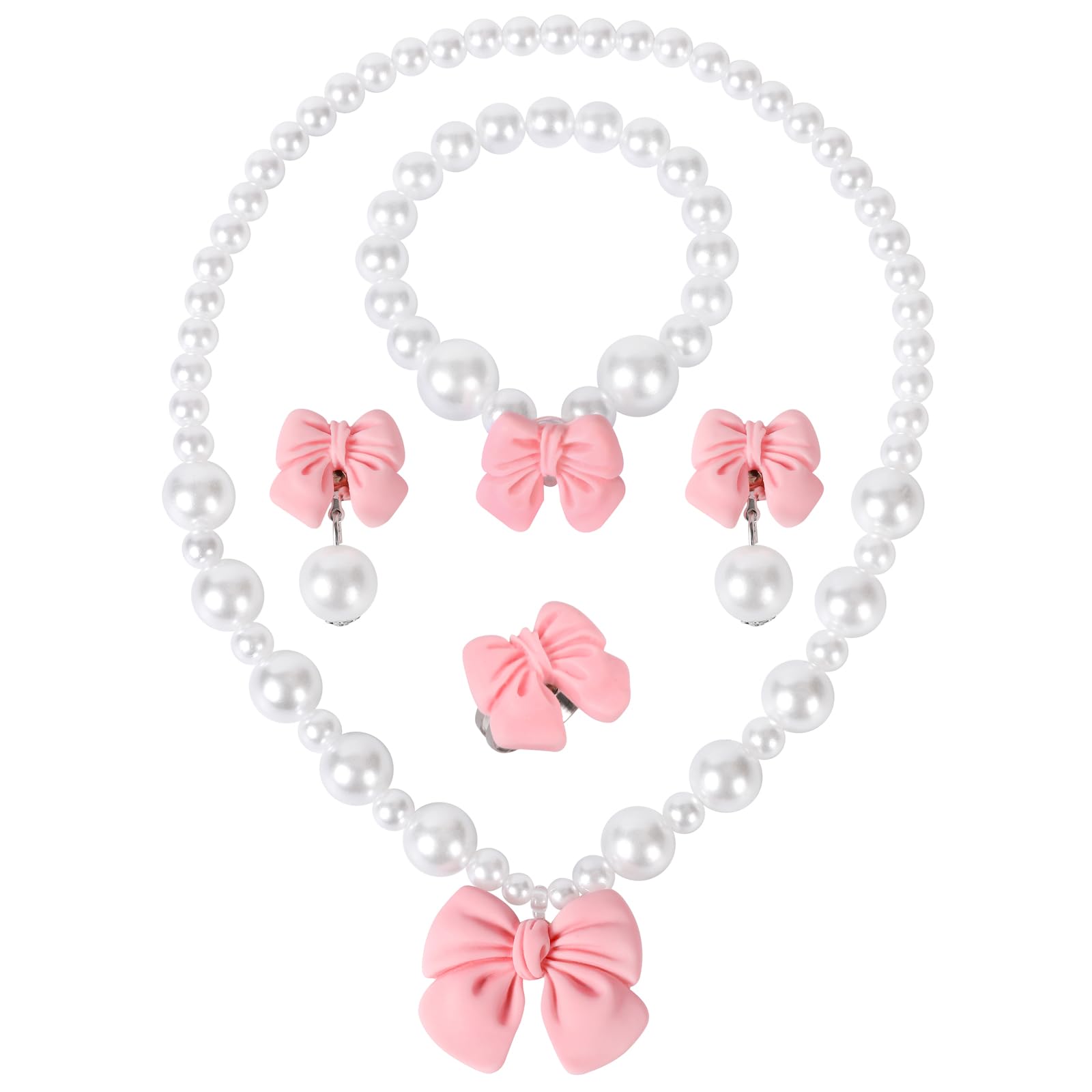 BAOBAOJOY Princess Jewelry for Little Girls, Handmade Bow Pearl Kids Jewelry Set, Stretch Necklace Bracelets Rings and Clip on Earrings, Perfect for Dress Up, Birthday Parties, and Costume Play, Pink