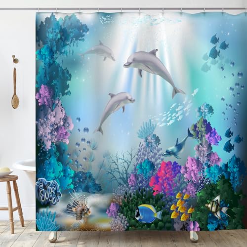OCEUMACO Rideau Douche Anti Moisissure 200x200 cm Dauphin Fond Marin Rideau de Douche Baignoire Tissu Imperméable en Polyester Poisson Océan Bleu Rideaux...