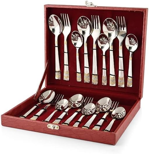 Gold Plated Stainless Steel Cutlery Set 18 Pieces, 6 Dinner Spoons, 6 Dinner Forks, 6 Tea Spoons, Gold Finish with Leatherite Box