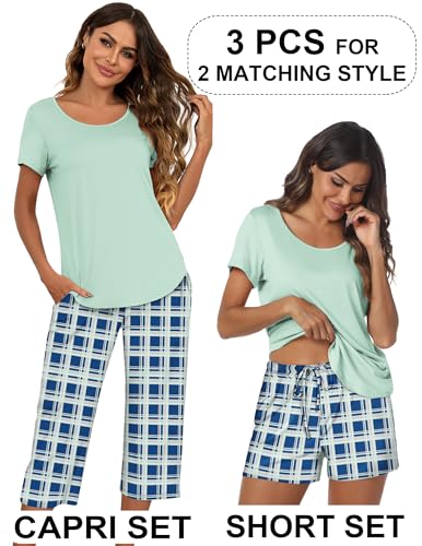 Image of Ekouaer 3 PCS Capri Pajamas for Women Set Short Sleeve Pajama Lounge Sets | Floral Pj Sets Top and Capri Pants Soft Comfy Sleepwear with Pockets for Home, Daily Wear for Mom, Wife, Grandmother