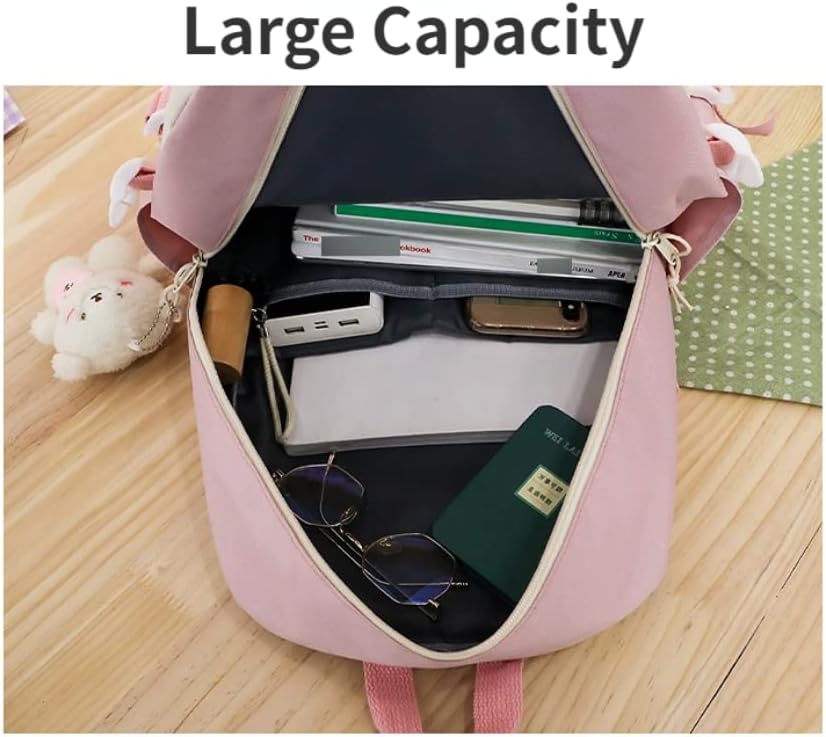 Miniatura 5 de Women Kawaii 5Pcs Backpacks Cute Bunny Pins Bear Pendant Combo Bookbag Back To School Supplies Preppy Travel Bag (Pink,Large)