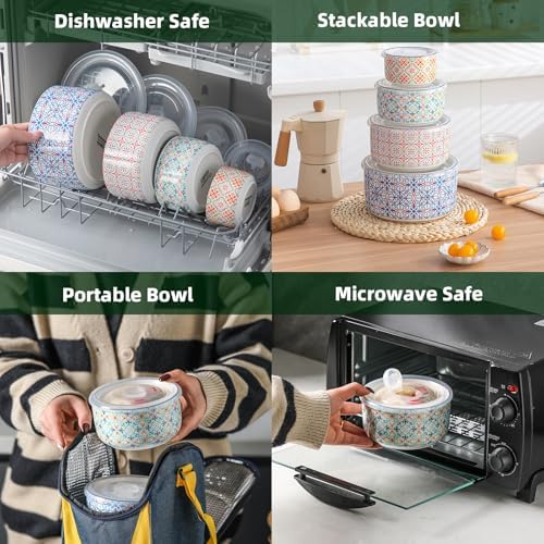Ceramic Nesting Bowl Set with Lids: Set of 4 Microwavable Mixing Bowls & Food Storage Containers for Kitchen Prep & Serving (50/32/20/10 oz) - Thumbnail 5