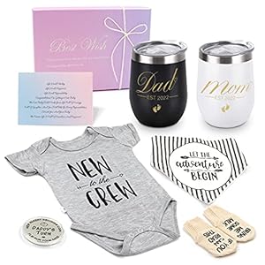Pregnancy Gifts for First Time Moms, New Parents Gifts Mom and Dad Wine Tumbler with Lid Baby Onesie Socks Drool Bib…
