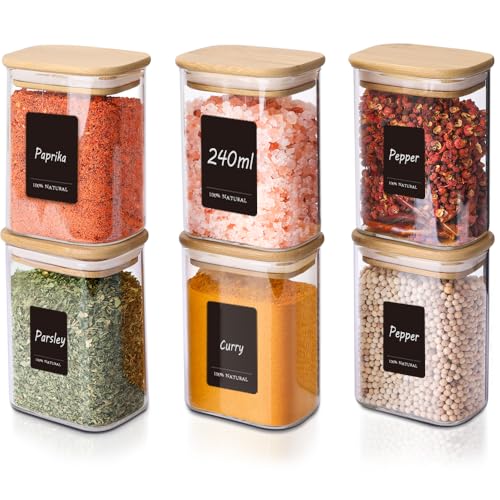 ComSaf Gewürzgläser mit Etiketten 240 ml × 6，Vorratsgläser, Gewürzbehälter Glas Rechteck mit Holzdeckel, Gewürzdosen Luftdichte für Spice, Kräuter, Tee, Kaffee, Curry, Küche & Vorratsschrank