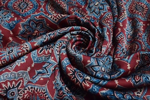 Image of Ethnics of Kutch Women's Ajrakh Modal Silk Natural Dye Hand Block Print Unstitched Kurta Fabric Mtr Length (2.5 Mtrs - Red 07B03L)