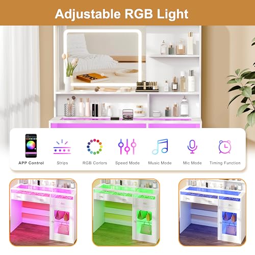 Image of Korfile 35'' Makeup Vanity Desk with Mirror and Lights, Power Outlet White | Transparent Top, 2 RGB Drawers, 3 Shelves & 1 Tempered Cabinet, 3-Color LED Lights, Power Outlet, Vanity with Glass Top