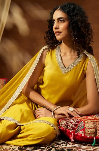 Image of Janasya Women's Chanderi Silk Embellished Straight Kurta with Sharara & Dupatta Set