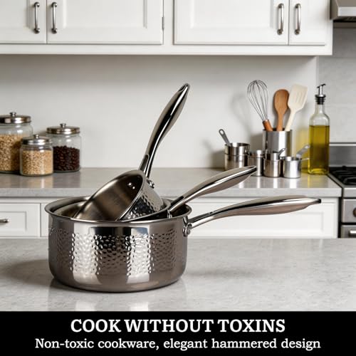 Image of imarku 14-Piece Tri-Ply Hammered Stainless Steel Cookware Set | Multifunctional 14pc Pots and Pans with Steamer | Non-Toxic No-Coating Nonstick | Induction & Oven-Safe up to 500F