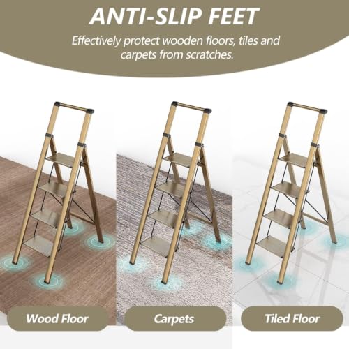 Image of SOLADDER 4 Step Ladder, Lightweight Folding Step Stool, Brown Gold