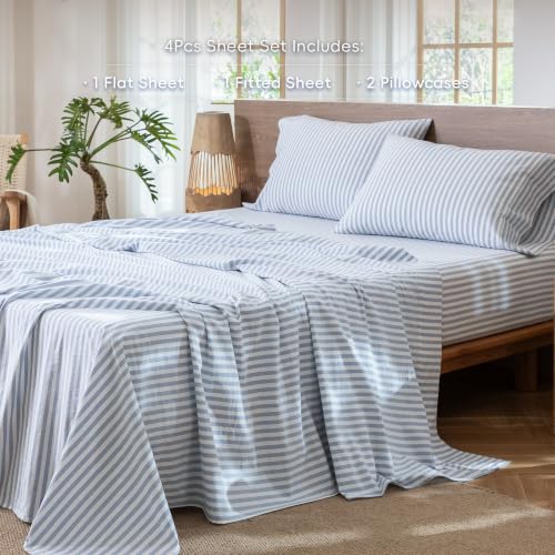 Image of MooMee Striped Sheet Set 100% Washed Cotton Linen Like Queen | Relaxed Linen-like Texture. Soft, Breathable & Lightweight Comfort. 15-19 inch Extra Deep Pocket with All-around Elastic