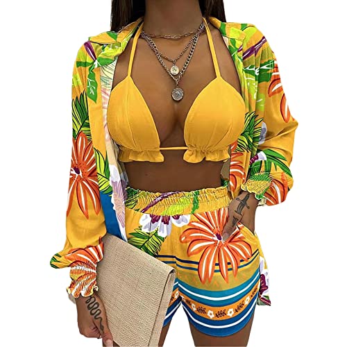 Ensemble tenues femmes plage style imprimé 3 pièces avec chemise et short maillot de bain