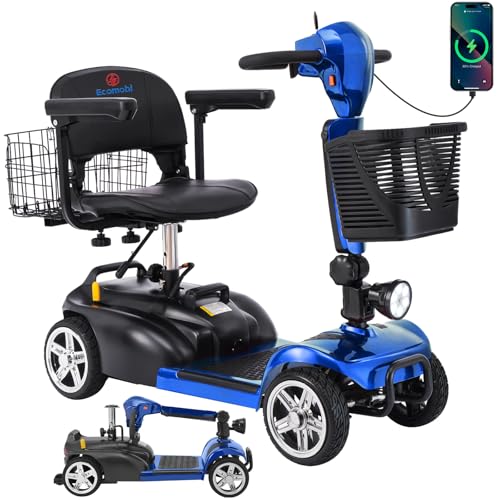 15-45 Miles Ecomobi MS02 4 Wheels Mobility Scooter for Adults/Seniors, 350W Powered Electric Wheelchair Device w/15Ah-25Ah Extended Battery, Dual Baskets/Rotating Seat, Compact Duty Mobile for Elderly