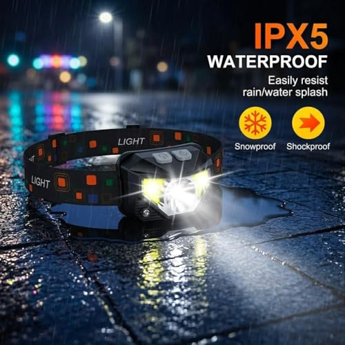 Image of PROBEROS LED Head Light with Red Flash Warning Light and Multi Work Modes, IPX5 Waterproof Rechargeable Headlamp for Camping, Hiking, Night Work with Motion Sensor and Adjustable Strap