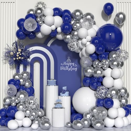 Kit Arche Bleu Marine, 114 pcs Guirlande Ballon Bleu Argenté Métallisé Blanc pour Femmes Garçons Homme Filles Fêtes d'Anniversaire Baby Shower Mariage Baptême Naissance Graduation Diplôme Décoration