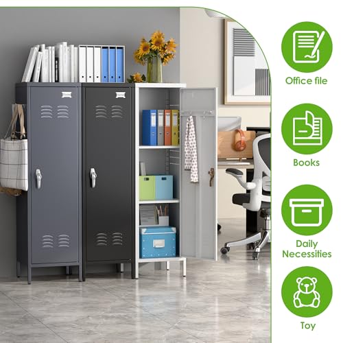 Image of Aobabo Metal Locker, 54 inch H Metal Storage Locker for Employees, Lockable 1 Door with Towel Rack and 2 Side Pegboards with Hooks for School Office Gym Home, Assembly Required (White)