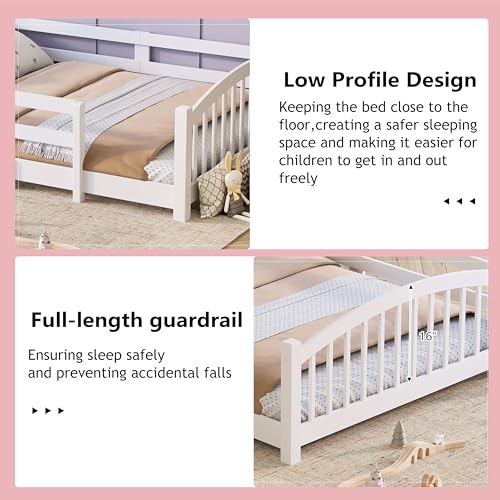 Image of Bellemave Full Size Kids Montessori Floor Bed,Full Size Floor Bed Frame with Slats and Safety Guardrail,Solid Wood Montessori Bed for Girls Boys,White