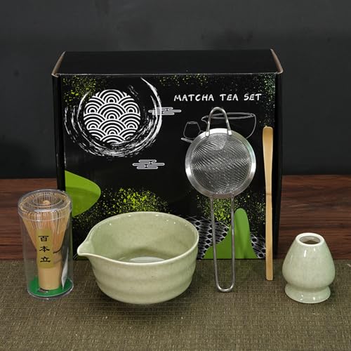 Matcha Whisk Set Includes Matcha Bowl with Spout?Matcha Whisk Holder, Bamboo Matcha Whisk, Scoop and Matcha Sifter?5 Pcs Mottled Green Matcha kit for Tea loves, Gift For Friends (Light green)