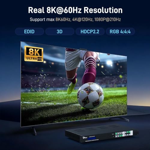 Image of 8K HDMI Matrix 4x4 w /Web GUI, HDMI 2.1 Matrix Switcher Splitter 8K@60Hz 4K@120Hz, 1U Rackmount Video Matrix with Smart EDID, Audio Embed & De-Embed, APP Control
