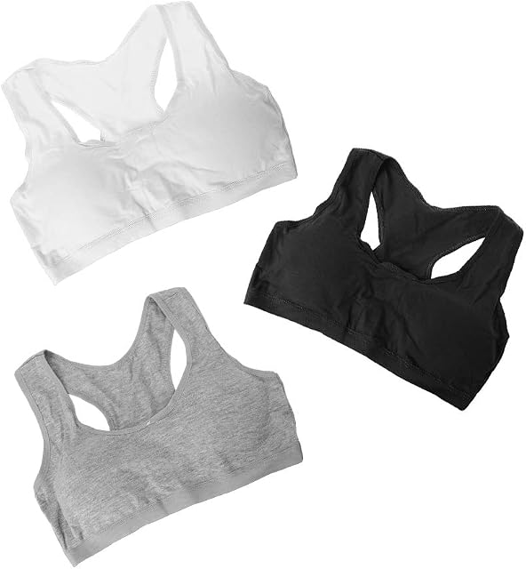 Hoxin 3 Pack Young Girls Cotton Bra Kids Sport Wireless Small Training Puberty Underwear Crop Tops Racer Back 8-14Years