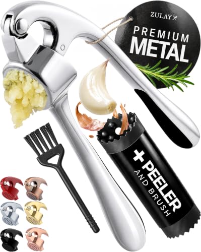 Image of Zulay Kitchen Premium Garlic Press Set - Rust Proof Professional Garlic Mincer Tool - Easy-Squeeze, Easy-Clean with Soft, Ergonomic Handle - Silicone Garlic Peeler & Brush (Chrome)