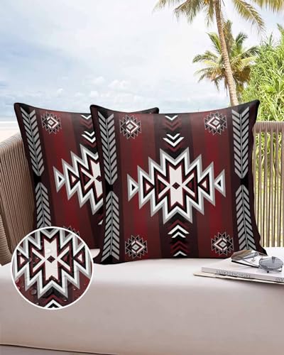 Boanket Outdoor Pillow Covers 16 x 16 Inches, Southwestern Red Black Waterproof Throw Pillow Cover Set of 2, Boho Ethnic Geometric Home Decorative Square Cushion Covers for Patio/Tent/Couch/Garden