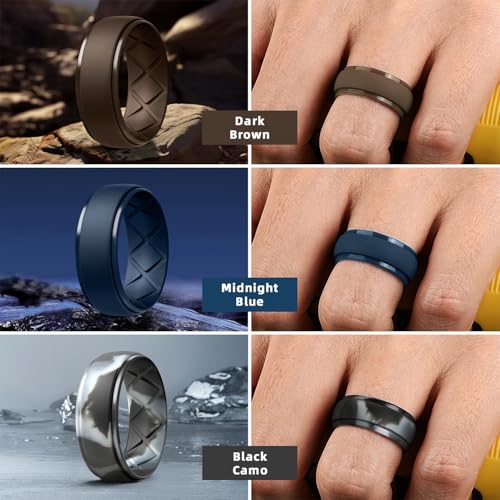 Egnaro Inner Arc Ergonomic Breathable Design, Silicone Rings Mens with Half Sizes, 1/4/5/6/7 Rubber Wedding Bands, 10mm Wide-2.5mm Thick3