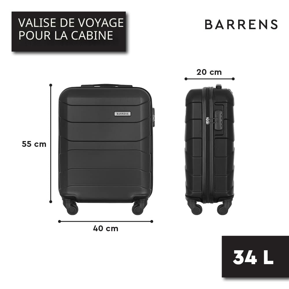 BARRENS Valise Cabine Rigide Bagage Cabine 55x40x20 Valises Leger a 4 Roues Silencieuses Serrure à Combinaison en ABS Ultra-Leger 34L avec Poignée Télescopique (Noir)