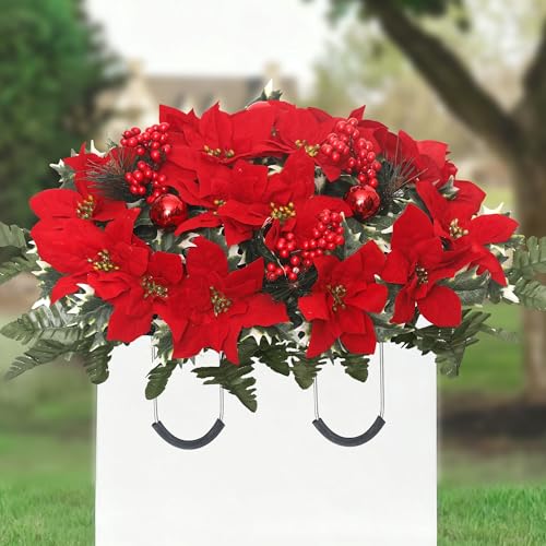 Lodou Christmas Cemetery Flowers Saddle - Red Poinsettias & Berries Plastic Grave Memorial Decor Fade-Resistant for 60-90 Days Weatherproof (Red)