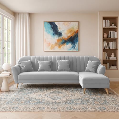 Image of Atticus RHS 6 Seater L Shape Sofa Set for Living Room (Grey Fabric) Premium Fabric Sofa Set